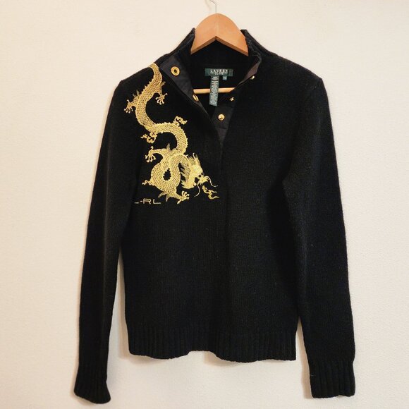 Vintage Lauren Ralph Lauren Gold Dragon Embroidery Sweater LambsWool Women PM - Picture 1 of 14